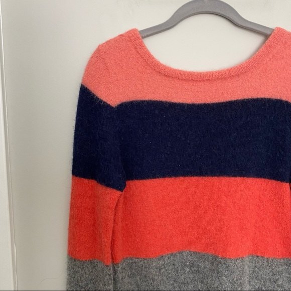 Equipment Femme Sweater Calais Striped Peach Gray Blue Alpaca Wool Low V-Back - Picture 4 of 7